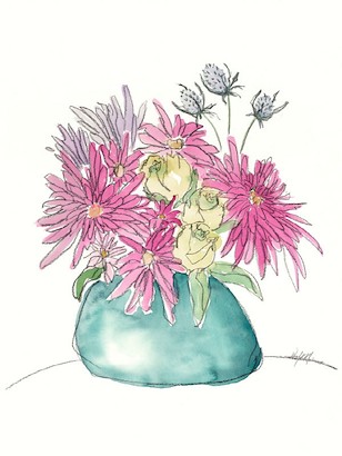 24 x 32 Pink Zinnas in Turquoise Vase (IBG)